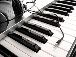 Grayscale of the electric piano keyboard with a plug and headphones
