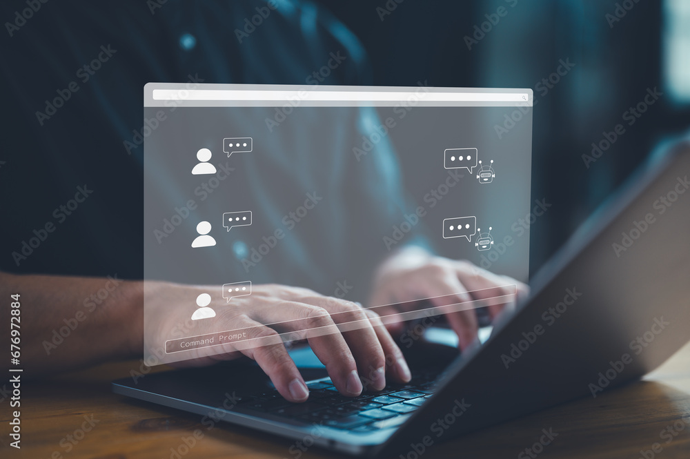 Poster Chatbot Chat with AI, Artificial Intelligence. Human using technology smart robot AI, artificial intelligence by enter command prompt for generates something, Futuristic technology transformation.