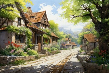 Fototapeta na wymiar Charming Village Street Watercolor
