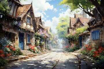 Fototapeta na wymiar Charming Village Street Watercolor