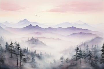 Ethereal Mountain Range Watercolor