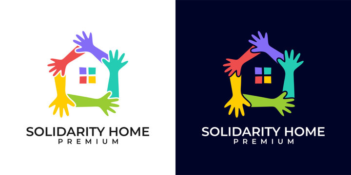 Teamwork hands logo with colorful style design template. Kidsfun group with holding hands logo. Vector logo design of hands, peoples, kids, play group, unity, business, community, solidarity, care.