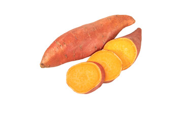 Sweet potato or sweetpotato whole and sliced tubes with red skin and yellow flesh isolated transparent png. Vegetable food staple.