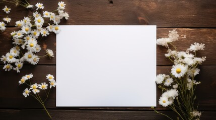 Top View Minimalist  wooden Table with Empty White Paper, Flatlay Composition, Branches, and  chamomiles 