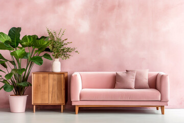Pink upholstered sofa with cushings and side cabinet with potted floor plants set against a pink colour washed wall and grey floor modern interior room design - obrazy, fototapety, plakaty