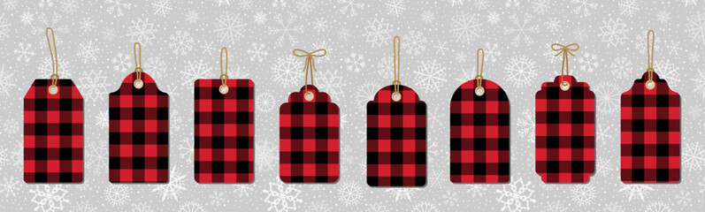 Christmas buffalo plaid red and black gift tags for holiday presents, sales and promotion or for store labels - 676973866