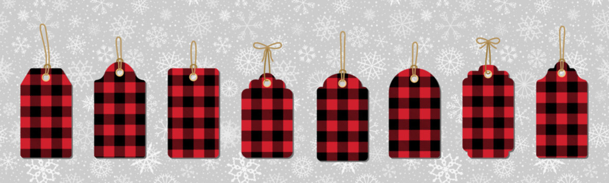 Christmas buffalo plaid red and black gift tags for holiday presents, sales and promotion or for store labels