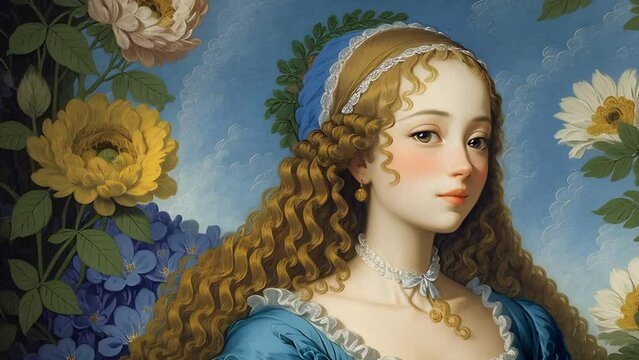 Classic portrait depicts a young woman with curly brown hair adorned with pearls, set against a background of large sunflowers under a blue sky. Her gaze is soft and contemplative