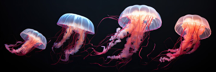 Fantasy group of jellyfish in dark water - obrazy, fototapety, plakaty