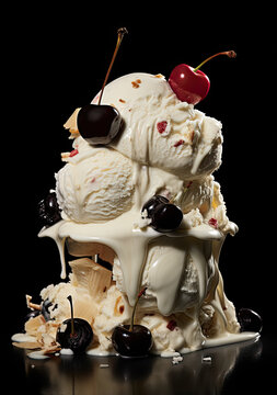Vanilla ice cream with cherries Sunday with melting ice cream drips