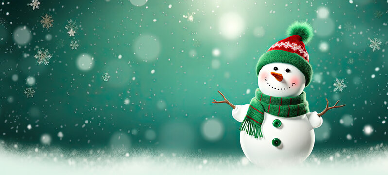 Joyful snowman in green in falling snow banner