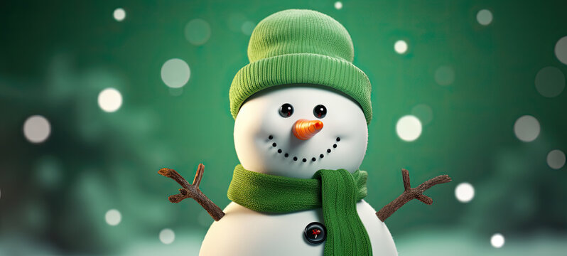 Joyful snowman in green in falling snow banner