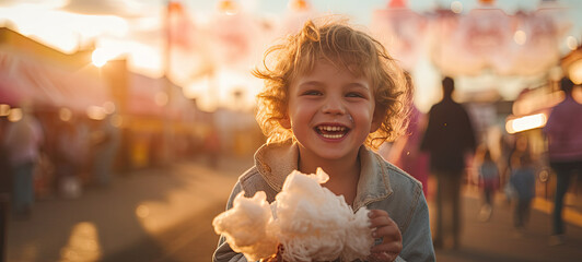 Kid eating cotton candy and having fun at the carnival in cinematic lighting 