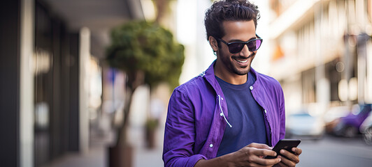 Smiling young man holding smart phone in the city 