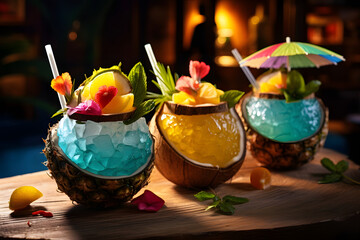 Vibrant cocktails with colorful paper umbrellas served in coconut shells, adorned with exotic fruits and garnished with fresh mint leaves. Ai Generated.NO.01