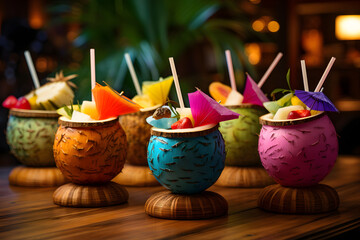 Vibrant cocktails with colorful paper umbrellas served in coconut shells, adorned with exotic fruits and garnished with fresh mint leaves. Ai Generated.NO.03