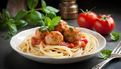 Selective focus on a plate of spaghetti pasta adorned with succulent meatballs and rich tomato sauce, inviting you to savor the delicious details.