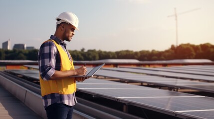 Obraz premium engineer with laptop and tablet maintenance checking installing solar roof panel on the factory rooftop
