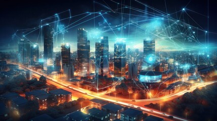 Smart city and communication network. Digital transformation, business, building, modern, urban, technology, connection, information, innovation, capita, future.