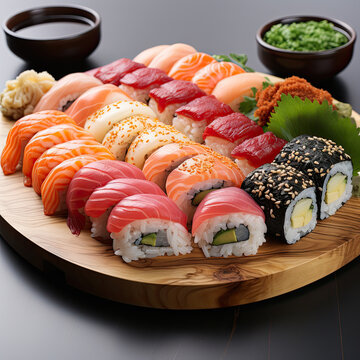Japanese Nigiri mix platter with raw fish and condiments 