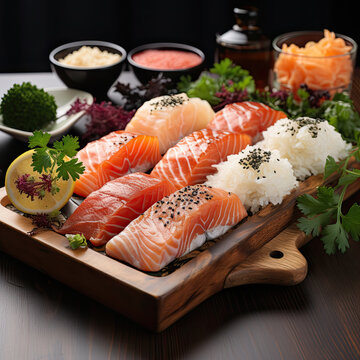 Japanese Nigiri mix platter with raw fish and condiments 