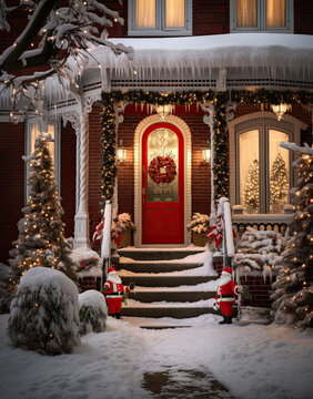 Festively decorated house with Christmas decorations and lights with snow 