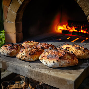 Outdoor brick oven baked breads with oven fire in background 