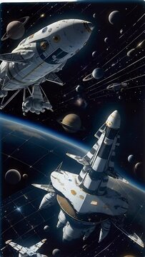 A majestic space shuttle, adorned with intricate details, soars through the cosmic expanse, flanked by a squadron of sleek, smaller spacecraft. The backdrop is a tapestry of stars and distant planets