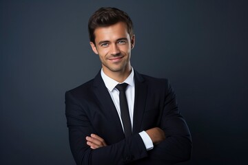 Thoughtful businessman looking at camera, smiling, one color background, generative ai