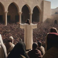Jesus preaching in Jerusalem outide