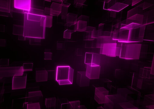 A technology background with glowing purple squares and cubes. Generative AI. 