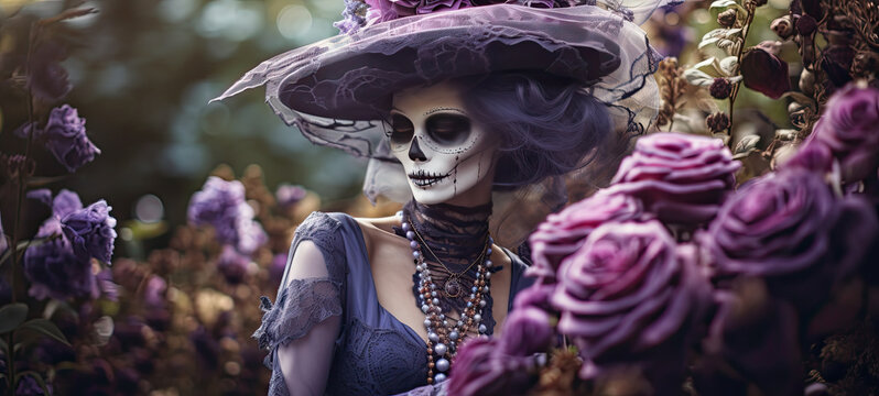 Elegant female skeleton dressed in purple fancy dress in purple field of flowers