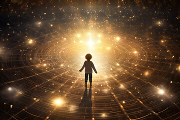 Quantum field grid of golden light particles surrounding a human child form - obrazy, fototapety, plakaty