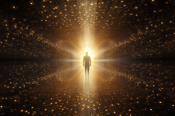 Quantum field grid of golden light particles surrounding a human form - obrazy, fototapety, plakaty