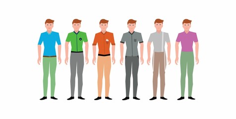 Digital illustration set of males in different simple outfits on a white background