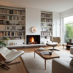 Modern living room interior with modern fireplace, home
Generative AI