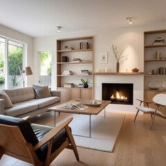 Modern living room interior with modern fireplace, home
Generative AI