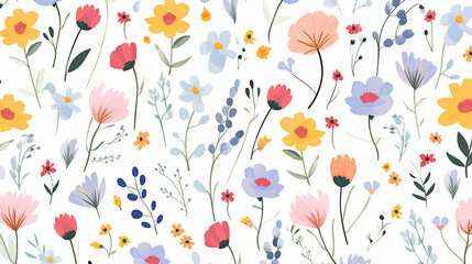 Ditsy flowers. Hand drawn seamless pattern on white isolated background