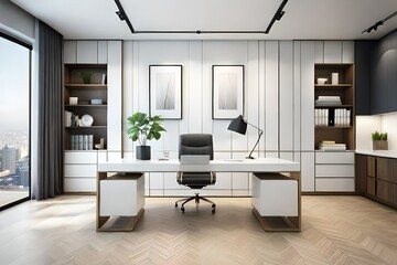 Modern white home office interior design 3d Rendering 