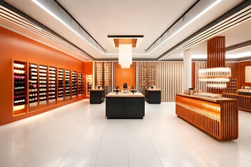 Create a Cosmetics pop-up store, orange tone, realistic. Inside the store there are many beauty products with orange tone package such as lipsticks, foundation, eyeliner, eyeshadows,.... The store cre