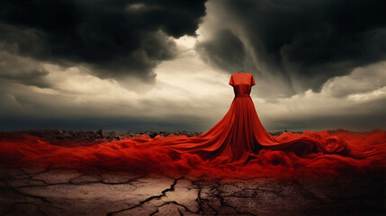 Surreal illustration of a red dress in the desert and under a looming storm. Eerie environmental landscape. A headless mannequin. - obrazy, fototapety, plakaty