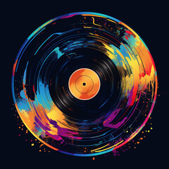 vinyl record stylized in multicolored paint illustration on black background