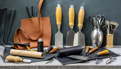 Cobber leather tools in workshop, hand craft. handbag or shoe manufacturing industry