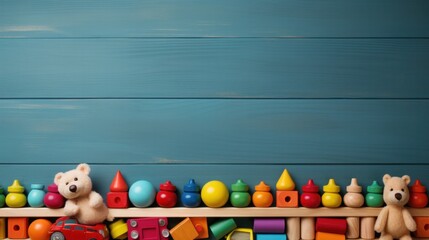 Baby kids toys frame on background, Toy many colorful educational wooden. play, Top view, executive function, kid, skill, education, intelligence quotient, emotional quotient, childhood, development