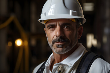 A close-up portrait of an architect wearing a hard hat,