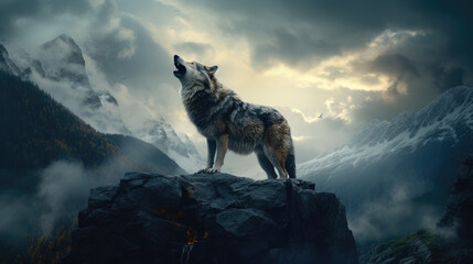 Wolf howling in the mountain landscape - obrazy, fototapety, plakaty