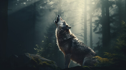 Wolf howling in the forest landscape - obrazy, fototapety, plakaty