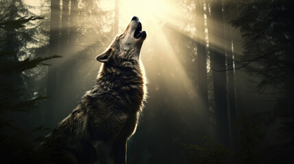 Wolf howling in the forest landscape - obrazy, fototapety, plakaty