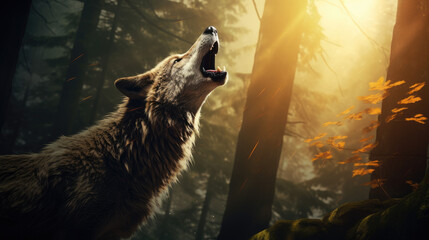 Wolf howling in the forest landscape