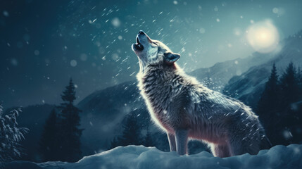 Wolf howling in the mountain landscape - obrazy, fototapety, plakaty
